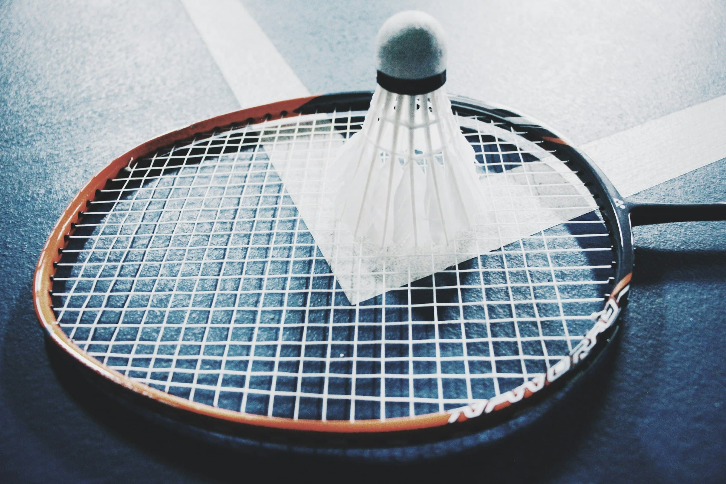 A shuttlecock resting on a badminton racket